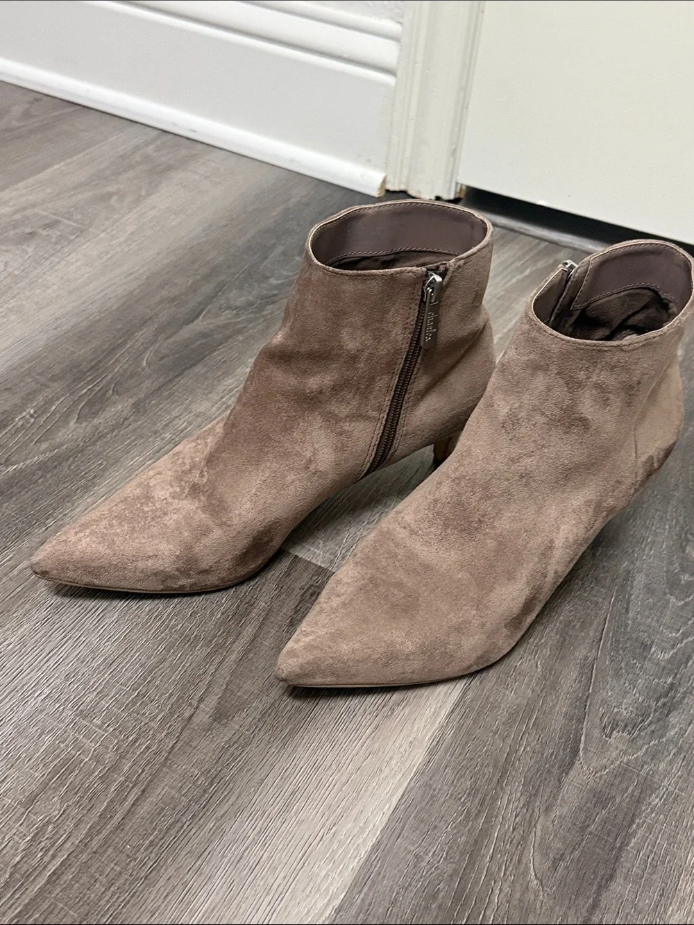 Charles By Charles David Taupe Suede Pointed Ankle Booties with Side Zip